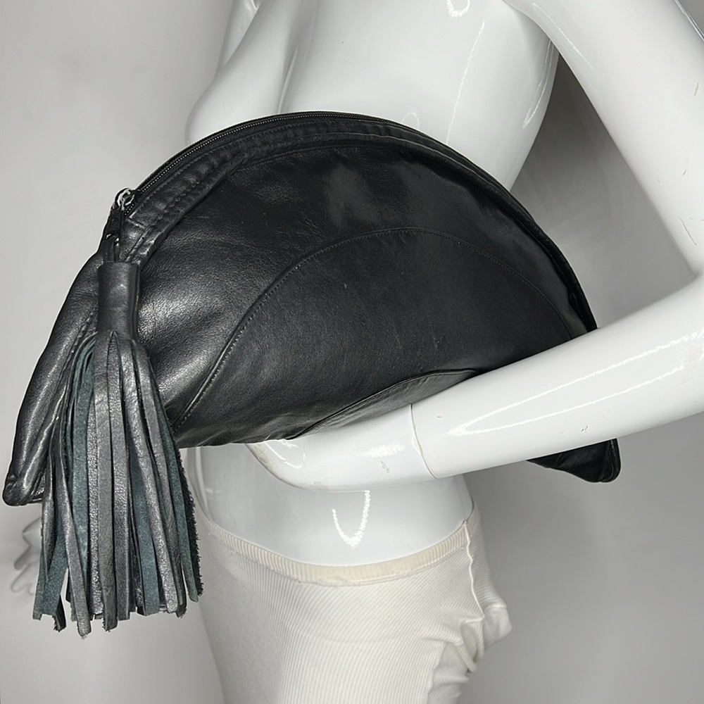 Black Leather Crescent Clutch with Tassel